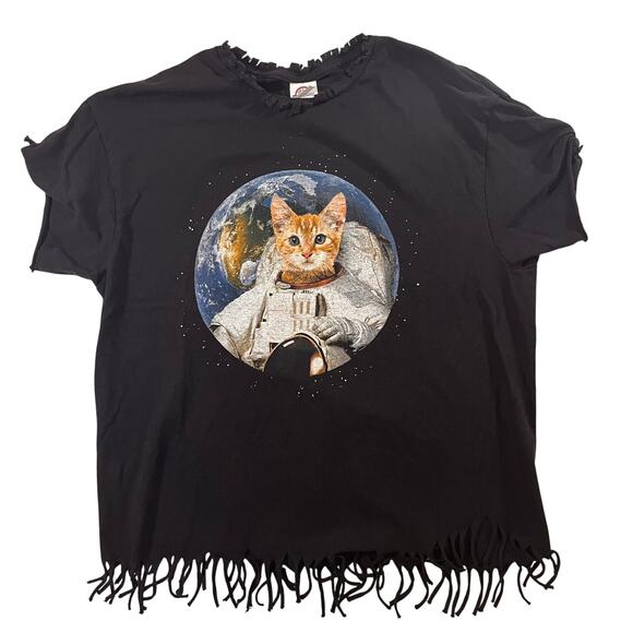 Retro Astronaut Cat T-Shirt, Fringed, Black, Size Large Funky Cat-Lover Space - Picture 2 of 10